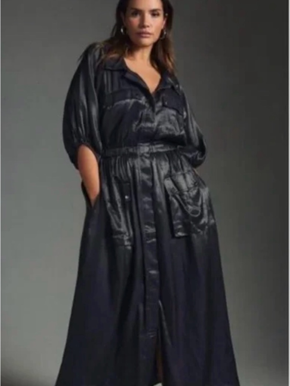 Anthropologie Satin Maxi Shirt Dress in Black